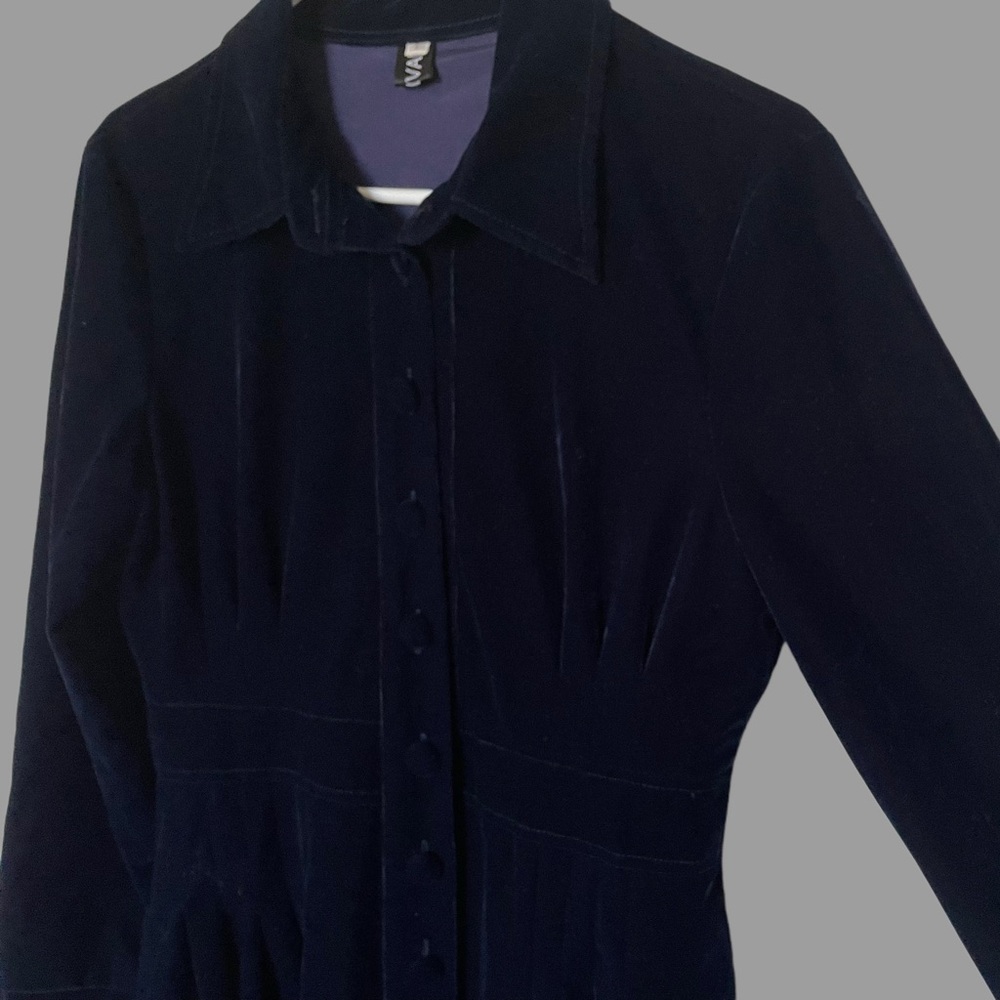 FEIINVAN Navy Blue Velvet Button-Up Coat-Style Midi Dress